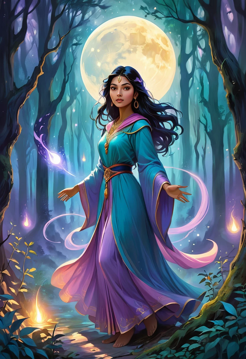 A mystical sorceress of South Asian descent stands within the enchanting frame of a moonlit forest. Her powerful gestures as she casts a transcendent spell reflect her arcane knowledge. The entire scene is imbued with ethereal pastel colors that masterfully capture the ambient twilight. This digital painting is composed of soft, dreamy brushstrokes, and it summons a feeling of fantasy and wonder that transcends the earthly realm.