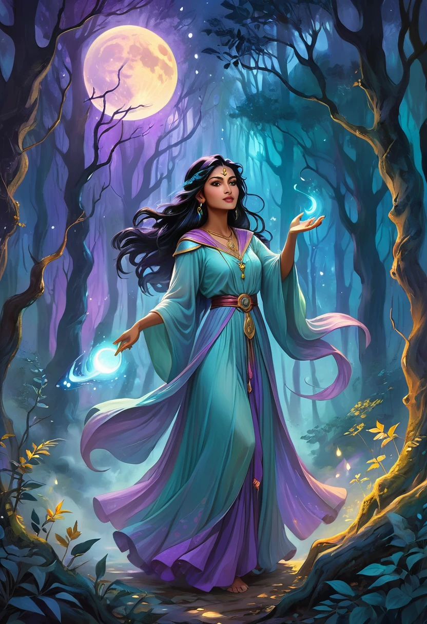 A mystical sorceress of South Asian descent stands within the enchanting frame of a moonlit forest. Her powerful gestures as she casts a transcendent spell reflect her arcane knowledge. The entire scene is imbued with ethereal pastel colors that masterfully capture the ambient twilight. This digital painting is composed of soft, dreamy brushstrokes, and it summons a feeling of fantasy and wonder that transcends the earthly realm.