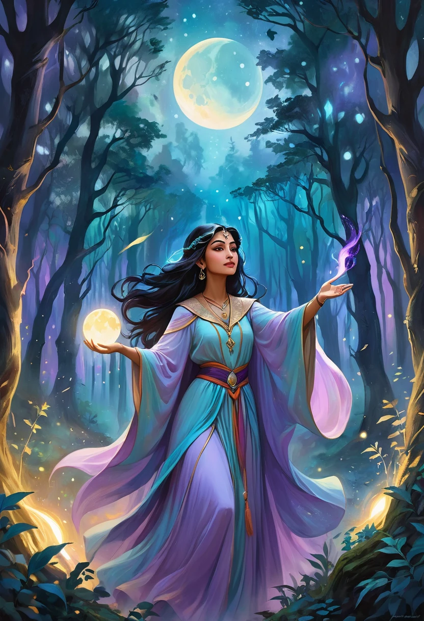 A mystical sorceress of South Asian descent stands within the enchanting frame of a moonlit forest. Her powerful gestures as she casts a transcendent spell reflect her arcane knowledge. The entire scene is imbued with ethereal pastel colors that masterfully capture the ambient twilight. This digital painting is composed of soft, dreamy brushstrokes, and it summons a feeling of fantasy and wonder that transcends the earthly realm.