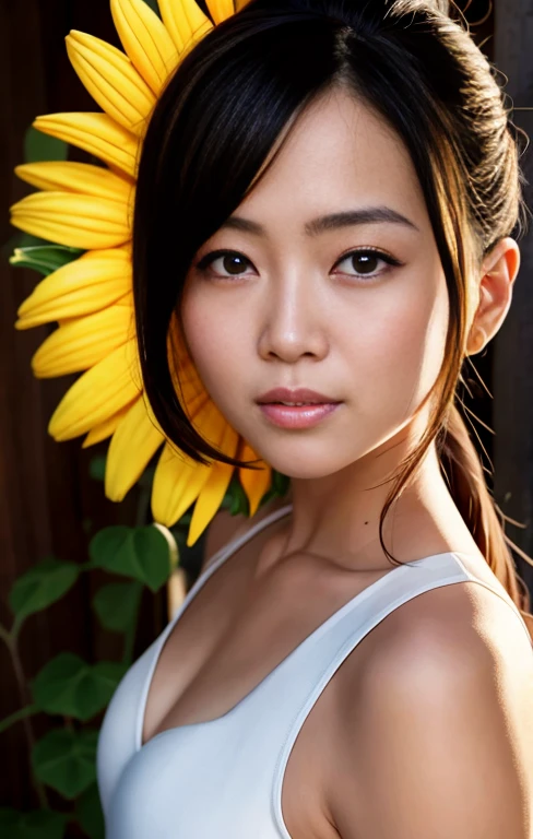 Highest image quality, outstanding details, ultra-high resolution, (realism: 1.4), ((close up:0.75)), highly condensed 1 Japanese lady, beautiful and a delicate face, smile, perfect proportion, (stand up straight, chubby:0.5, small breasts), (hairstyle  short ponytail ), (cloths color base ratio white:0.7 other-color:0.1), (wearing White sleeveless beautiful dress, holding a sunflower ), captain, background green  forest, (lightning cinematic lightning, Contour shines in backlight)  