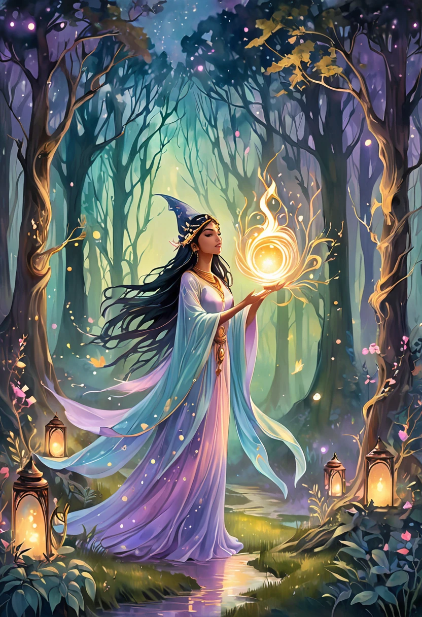 A mystical sorceress of South Asian descent stands within the enchanting frame of a moonlit forest. Her powerful gestures as she casts a transcendent spell reflect her arcane knowledge. The entire scene is imbued with ethereal pastel colors that masterfully capture the ambient twilight. This digital painting is composed of soft, dreamy brushstrokes, and it summons a feeling of fantasy and wonder that transcends the earthly realm.