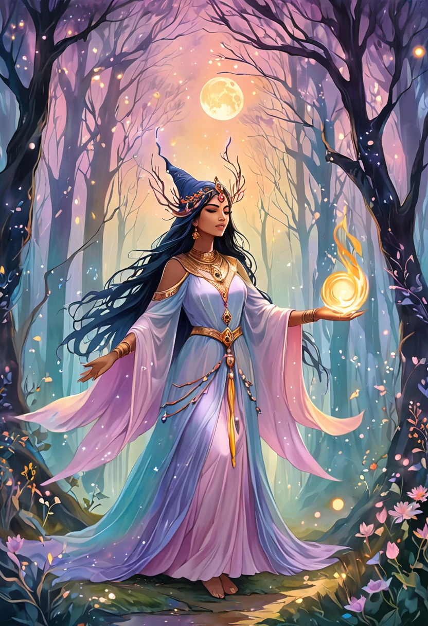 A mystical sorceress of South Asian descent stands within the enchanting frame of a moonlit forest. Her powerful gestures as she casts a transcendent spell reflect her arcane knowledge. The entire scene is imbued with ethereal pastel colors that masterfully capture the ambient twilight. This digital painting is composed of soft, dreamy brushstrokes, and it summons a feeling of fantasy and wonder that transcends the earthly realm.