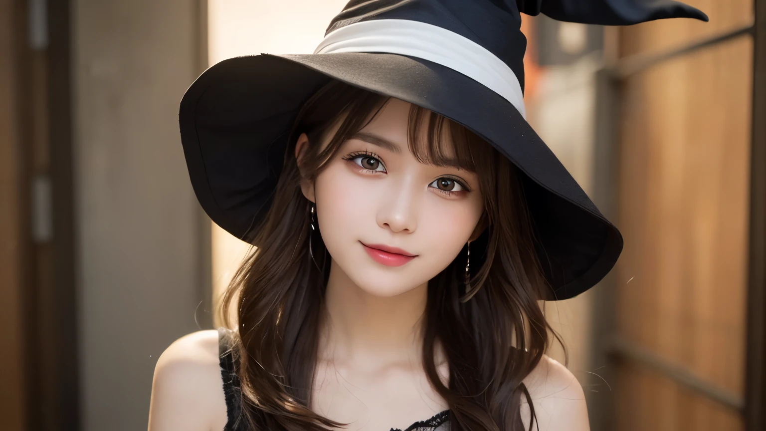 white background, half body portrait, one girl, (a beauty girl, delicate girl:1.3), (20 years old:1.3), break, (witch costume, Witch hat, Witch clothes), break, (gates of hell:1.2), break, very fine eyes, (symmetrical eyes:1.3), break, small breasts, brown eyes, parted bangs, brown hair, (smile), break, (eyes and faces with detailed:1.0), break, (masterpiece, best quality, ultra detailed, detailed face, 8k)