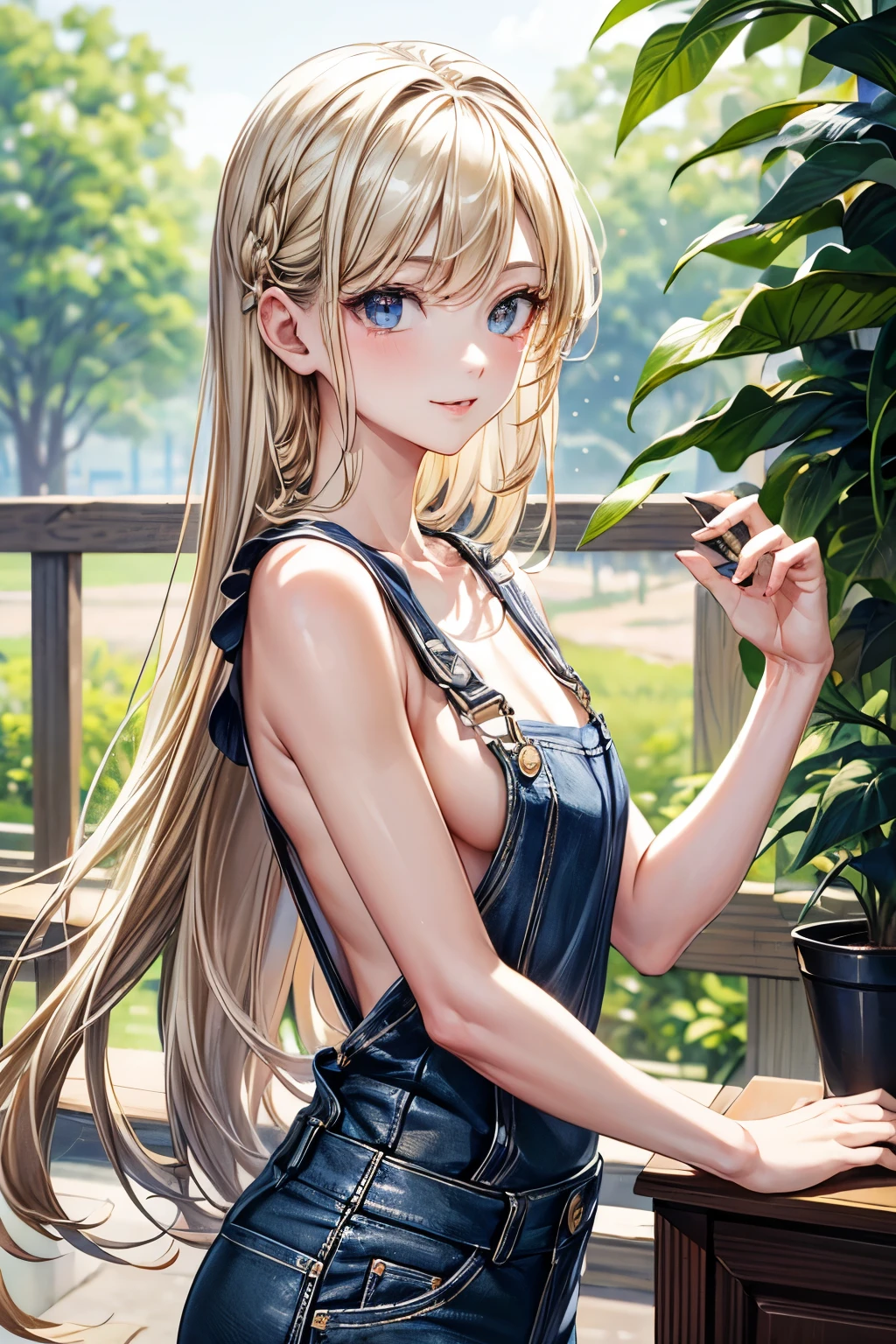 masterpiece,Highest quality,Very detailed,Looking to the side美少女,Blonde,Completely naked,Overalls,(Looking to the side), ager,Perfect Face,Beautiful and detailed eyes,Beautiful Skin,skinny,Dynamic,smile,farm