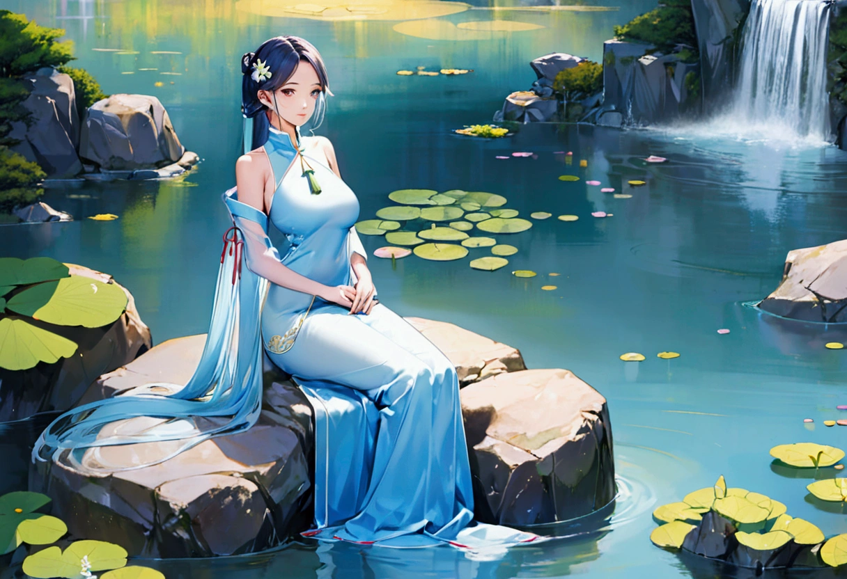 There is a blue dress, 16 long legs, a clock work robot (obvious gears and mechanical seams) woman sitting on a rock in the water, standing elegantly on a lotus flower, mechanical beauty, wearing a blue cheongsam, court, a girl in Hanfu, wearing a blue cheongsam, full of fairy Xia, in the pond, white Hanfu, a stunning young ethereal figure, flowing dress, light blue, hair behind ear