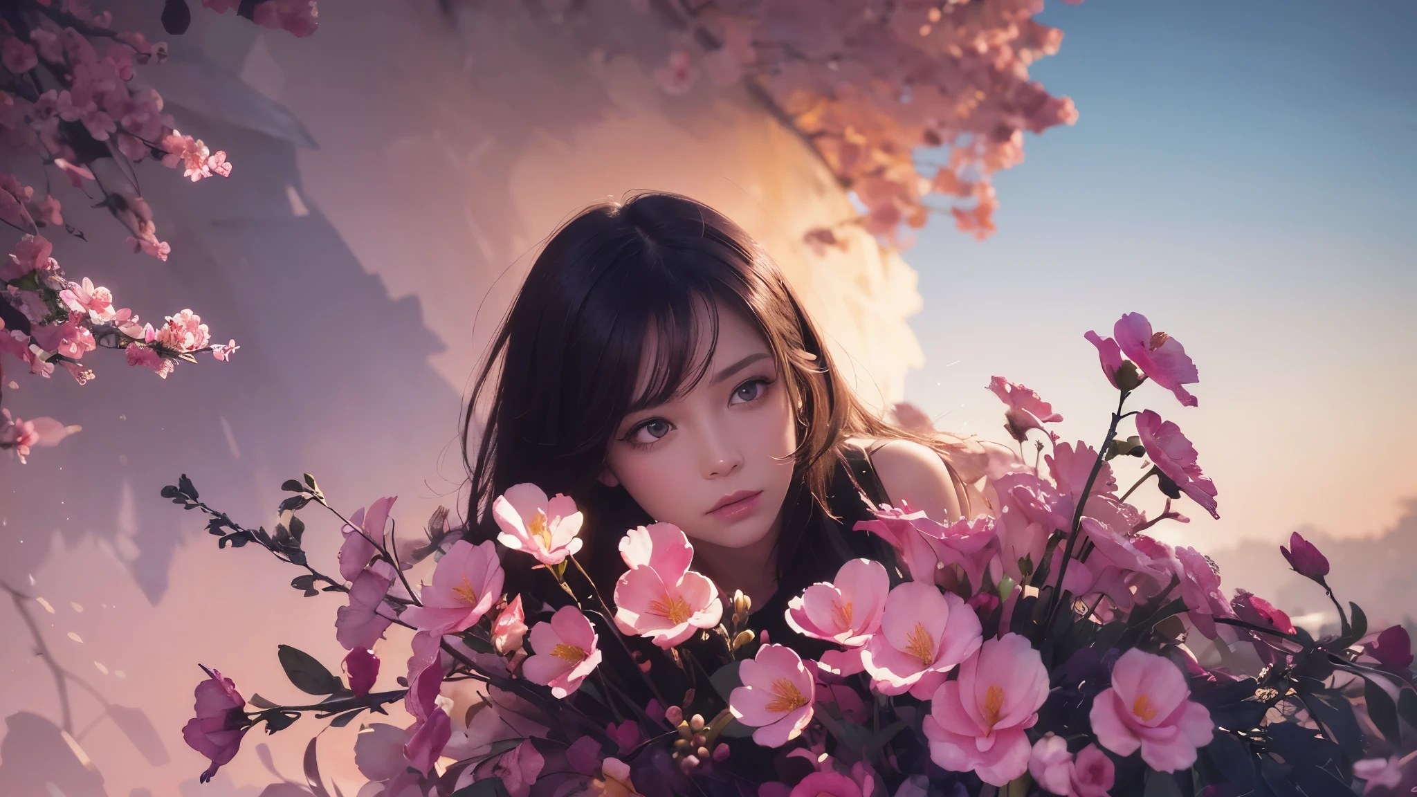 32k, Masterpiece, Highest quality, One girl, Brown Hair, Detailed eyes, flower,Freesia, Pink and navy style,A dreamy, romantic piece,Pale yellow, Mysterious Leaves,A playful arrangement,Fantasy,High Contrast,Ink strokes,explosion,Exposure, Impression of pink and navy tones,Abstract,((Watercolours by John Berkey and Jeremy Mann )) Brush strokes,Negative Space, Tyndall effect,