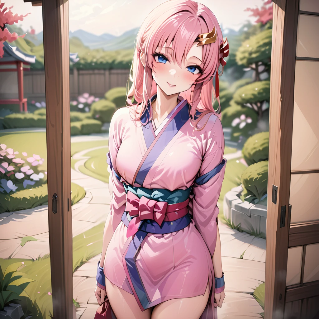 ((Highest quality)), ((masterpiece)), (detailed), （Perfect Face）、The Japanese princess is Lacus Clyne, with blue eyes, pink hair that is tied up and in a hairpin, and is wearing a gorgeous and gorgeous Japanese kimono.、The woman is in a Japanese garden