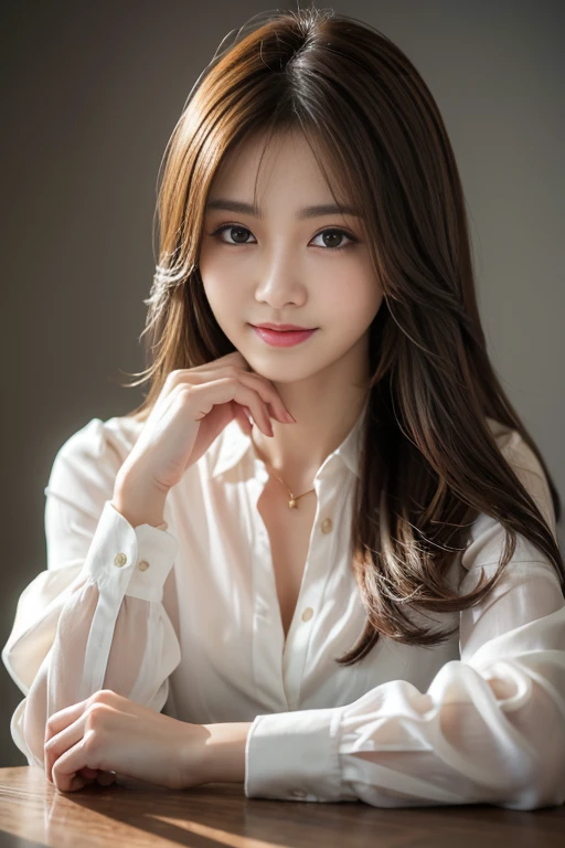 masterpiece, best quality, photorealistic, raw photo, 1girl, long hair, medium breast, collared blouse, light smile, detailed skin, pore, simple background