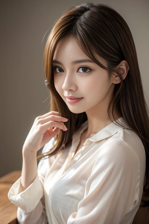 On the table,Highest quality, Realistically, Super detailed, More about pubic hair, High resolution, Plain background,8k wallpaper, One beautiful woman,,Light brown messy hair, Upper body silk shirt, Lock Focus, Perfect dynamic composition, Beautiful Eyes, Delicate hair, 细致Realistically的皮肤纹理, smile, Close-up portrait, Model body type