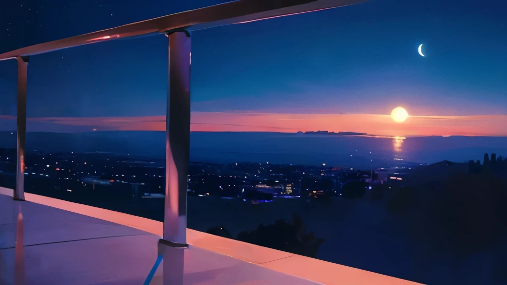 night sky with the moon far away in the center of the sky with railing and floor in the foreground. forward-facing photo angle, far away shot.