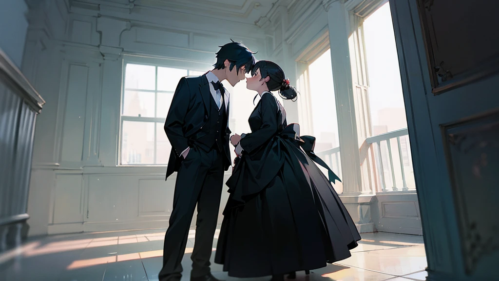 A boy in black clothes kissing a girl standing, empty room in background, anime