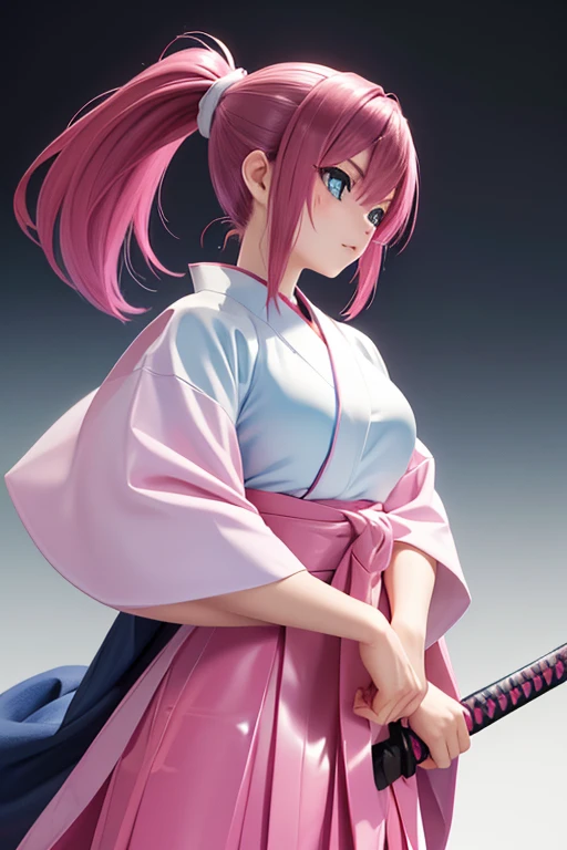 Perfect Anatomy Highest quality,Highest Resolution,(((dark pink hair ponytail Blue and white hakama with latex ))) Furai no Shiren Asuka Sword cool 22 years old woman
