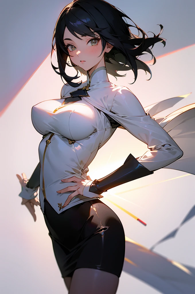 anime girl, 1girl, solo, tights, sexy outfit, short black hair, white background, pencil skirt, big breast, halfbody, looking at viewer, delicate facial features, elegant pose, dynamic lighting, vivid colors, soft shadows, seamless textures, sexy pose
