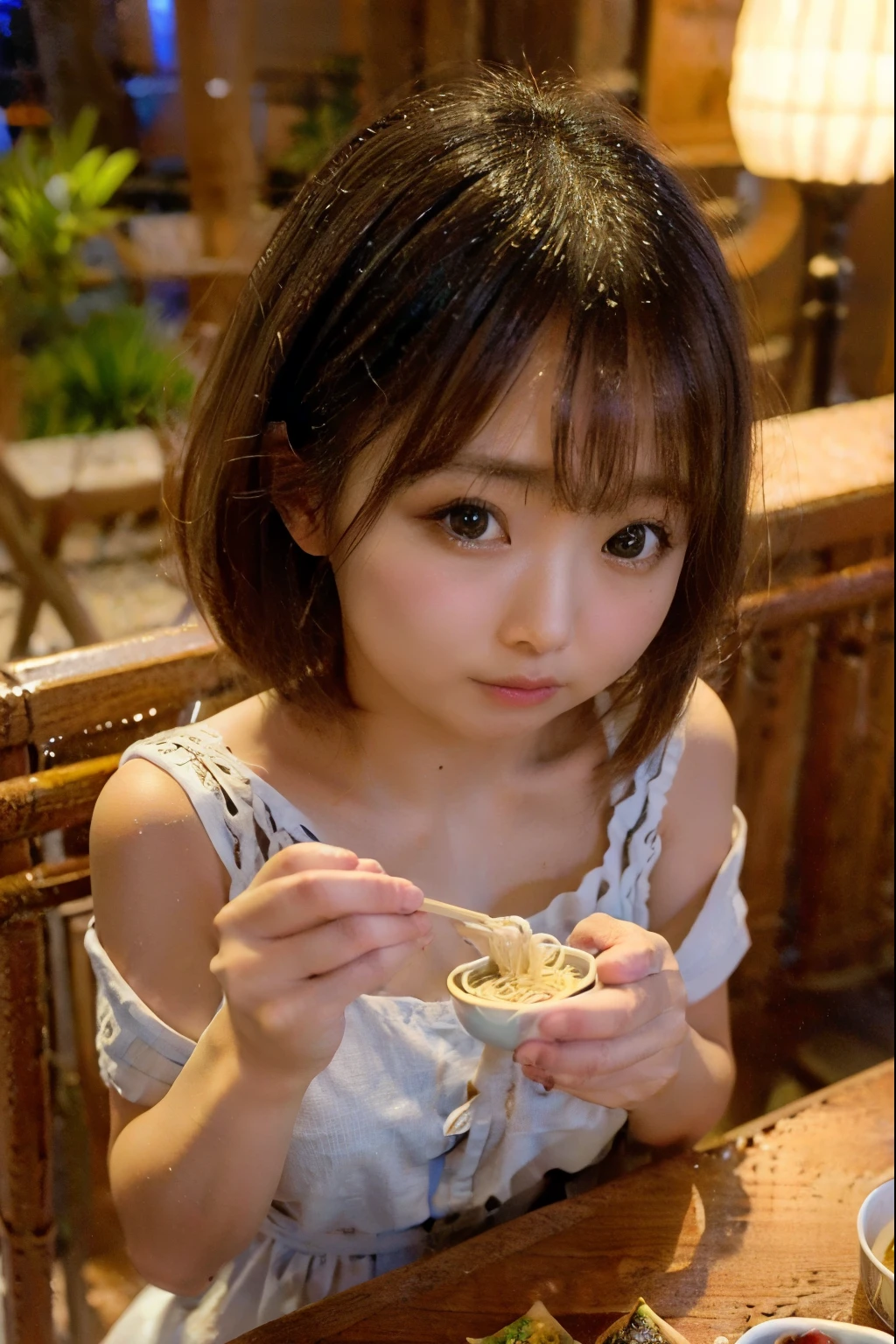 8K, RAW Photo, Best Quality, Masterpiece, Realistic, PhotoRealistic, Extremely Detailed 8K Wallpaper, (Beautifully Detailed Eyes), Finely Detailed Face, 
 BREAK 
High-Key Lighting:1.2, Professional Lighting, 
 BREAK 
nagashi_soumen, 1 Lady is Eating Somen Noodles with Upturned Eyes:1.2, (Using Chopsticks), 
Somen Noodles are Flowing Down Slide with Running Water:1.6, 
Slide is Made of Bamboo, Thin Noodles, [Ice Cubes, Green Fine Chopped Leeks in Bowl Dish], 
 BREAK 
Perfectly Anatomically Correct:1.1, 5 Beautiful Finger:1.1, 
 BREAK 
1 Lady, (Very Short Bob Hair:1.1), Japanese, Captivating Eye Reflections, Wide-Set Eyes, Big Eyes, Almond-Shaped Eyes, Tareme, Double Eyelids, Eye Bags, (Very White Skinned), 19-Year-Old, 
Round Face, Chiseled Face, Round Chin, Thin Lips, Small Nose,  Face, Oval-shaped Face, 
Brown Hair, 
(Side Glancing Viewer:1.2, Eyes Widen:1.0), 
Very Delicious:1.4, Smiling:1.2, 
Wearing Marc Jacobs Off Shoulder Top + Marc Jacobs Short Shorts, 

 BREAK 
SFW:1.1, Non-Nipples:1.0, 
 BREAK 
((Soft Saturation, Soft Contrast)), Eye Focus, Bokeh:1.4