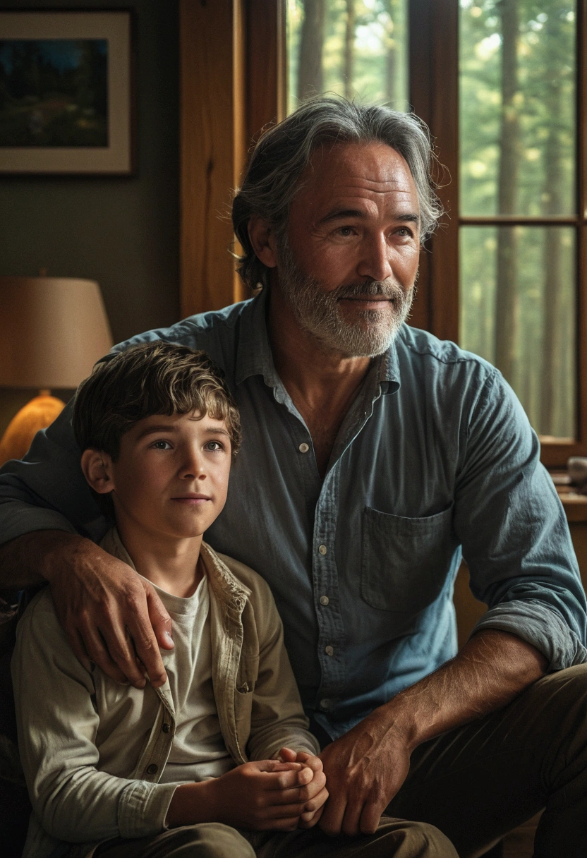 Father and son in a house in nature, intense light hitting them, well-lit forest, Cinematic photo, (Foto RAW, real, best qualityer, Masterpiece artwork: 1.2), (Hiper realisitic, realisitic: 1.2), high qualiy, (dark ilumination: 1.2), perfect lighting, Lightroom, 35mm films, cinemactic, dimmed colors, dark shot, Muted colours, grainy film, lute, insane details, Intricate details, smirk on face, brighter environment