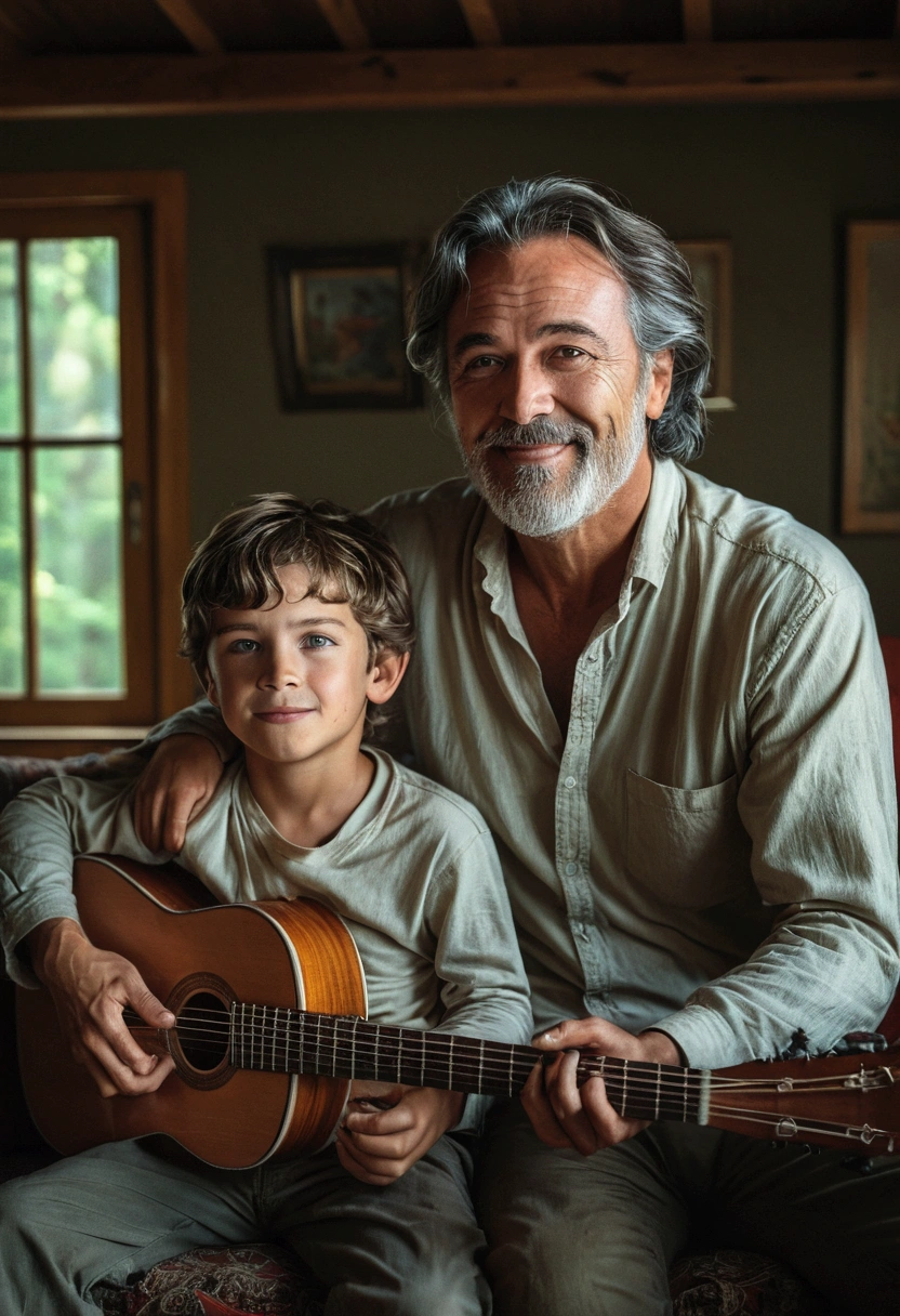 Father and son in a house in nature, intense light hitting them, well-lit forest, Cinematic photo, (Foto RAW, real, best qualityer, Masterpiece artwork: 1.2), (Hiper realisitic, realisitic: 1.2), high qualiy, (dark ilumination: 1.2), perfect lighting, Lightroom, 35mm films, cinemactic, dimmed colors, dark shot, Muted colours, grainy film, lute, insane details, Intricate details, smirk on face, brighter environment