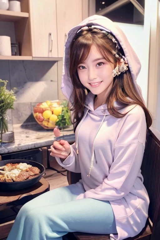 a beautiful detailed girl with semi-long hair, extremely detailed and exquisite facial features, peerless beautiful girl, wearing an oversized two-tone color hoodie dress, slender figure with small breasts, exposed thighs, sweet shy smile showing teeth, soft and dreamy quality, light white and dark brown color tones, exaggerated facial features, solid color background, surreal style, ultra-high resolution, beautiful, cute and lively expression,
