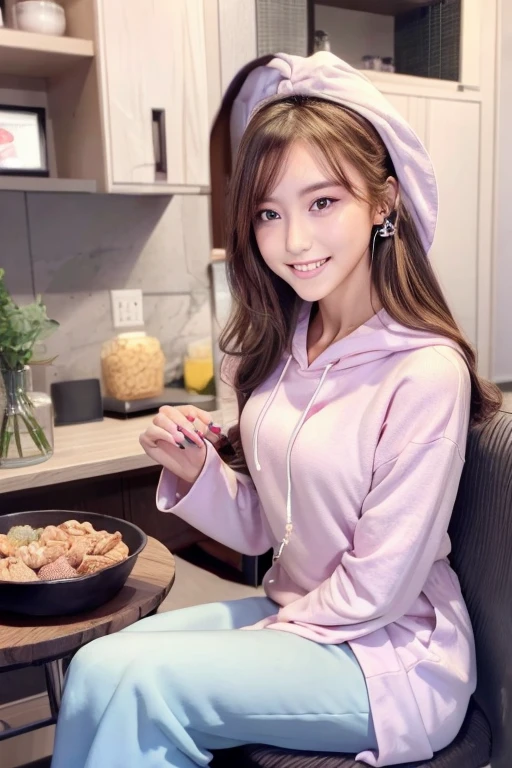 a beautiful detailed girl with semi-long hair, extremely detailed and exquisite facial features, peerless beautiful girl, wearing an oversized two-tone color hoodie dress, slender figure with small breasts, exposed thighs, sweet shy smile showing teeth, soft and dreamy quality, light white and dark brown color tones, exaggerated facial features, solid color background, surreal style, ultra-high resolution, beautiful, cute and lively expression,
