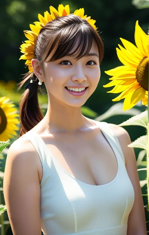 Highest image quality, outstanding details, ultra-high resolution, (realism: 1.4), ((close up:0.75)), highly condensed 1 Japanese lady, beautiful and a delicate face, smile, perfect proportion, (stand up straight, chubby:0.5, small breasts), (hairstyle  short ponytail ), (cloths color base ratio white:0.7 other-color:0.1), (wearing White sleeveless beautiful dress, holding a sunflower ), captain, background green  forest, (lightning cinematic lightning, Contour shines in backlight)  