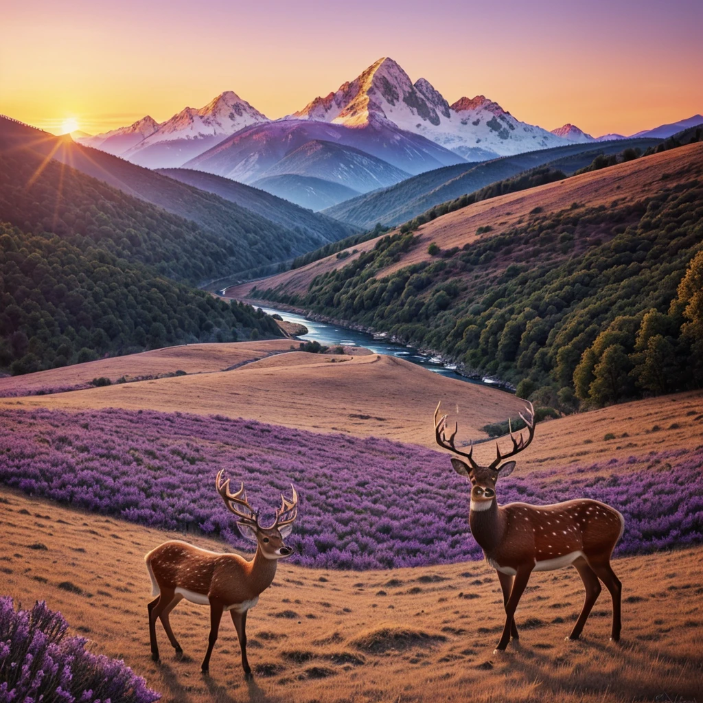 hyperrealistic drawing, with lines measuring distance between lines and curves of the object in question.A planet where mountains are made of precious stones and rivers of mercury, right side with 3D Printer, image base with Sunset Gradient: Soft gradient from orange to purple, remembering a sunset., deer frame.