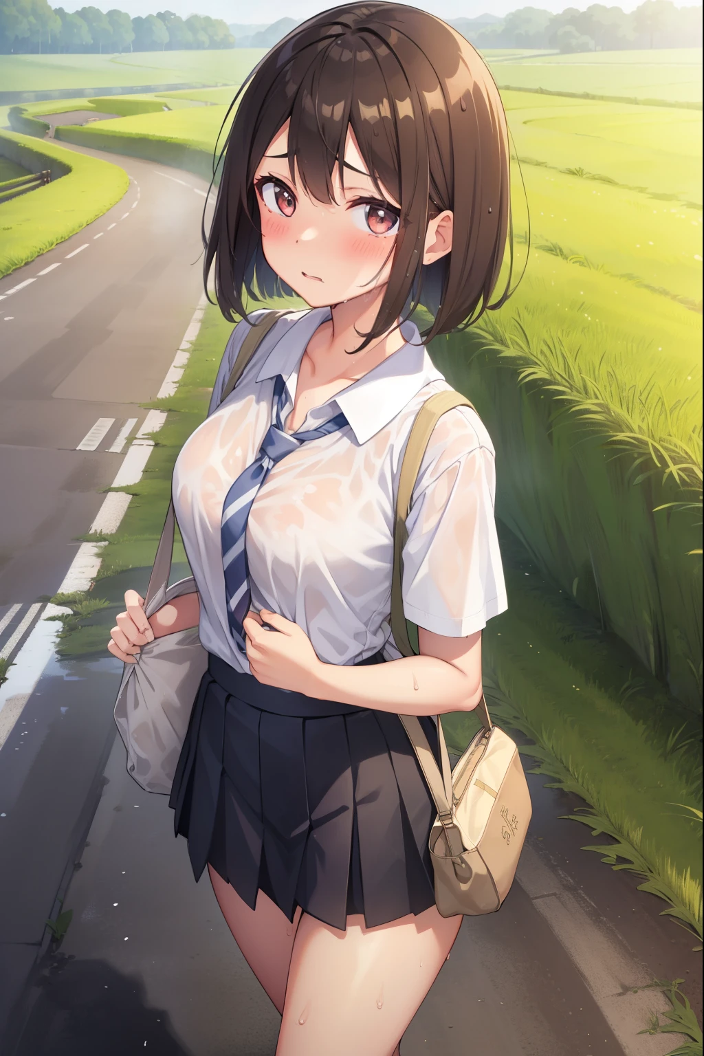 countryside,Paddy field,Walking on the road,high school girl,1 girl,Shortcuts,Bob Hair,Brown Hair,Summer uniform,thin,blush,Large Breasts,mini skirt,Sweaty,Wet,Carrying a bag,Hot face,Troubled expression,sun,