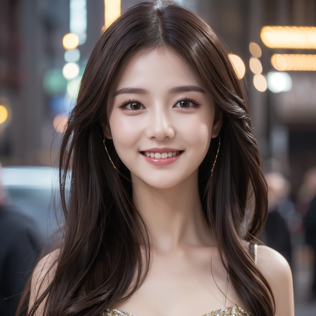 ((best quality, 8k, masterpiece :1.3)), 1 girl, smiling, whole body, face slimming, pretty Woman, (Dark brown hair), full length dress :1.1, Super detailed faces, delicate eyes, double eyelids, blurred background, face slimming, City, external, street,