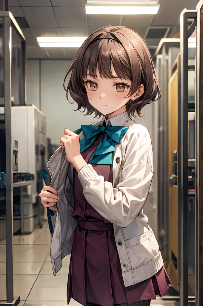 masterpiece, best quality, highres, hmngnm, kisinami \(kancolle\), brown hair, white hairband, white jacket, purple dress, , grey pantyhose, aqua bowtie, long sleeves, cowboy shot, Inside Factory