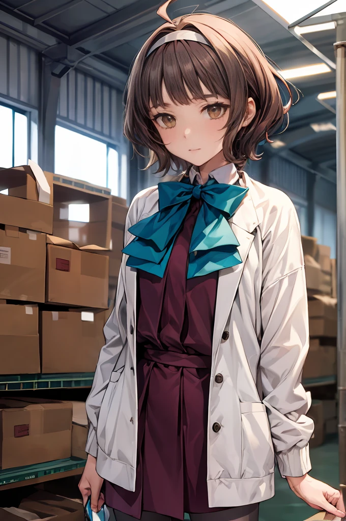 masterpiece, best quality, highres, hmngnm, kisinami \(kancolle\), brown hair, white hairband, white jacket, purple dress, , grey pantyhose, aqua bowtie, long sleeves, cowboy shot, Inside Factory