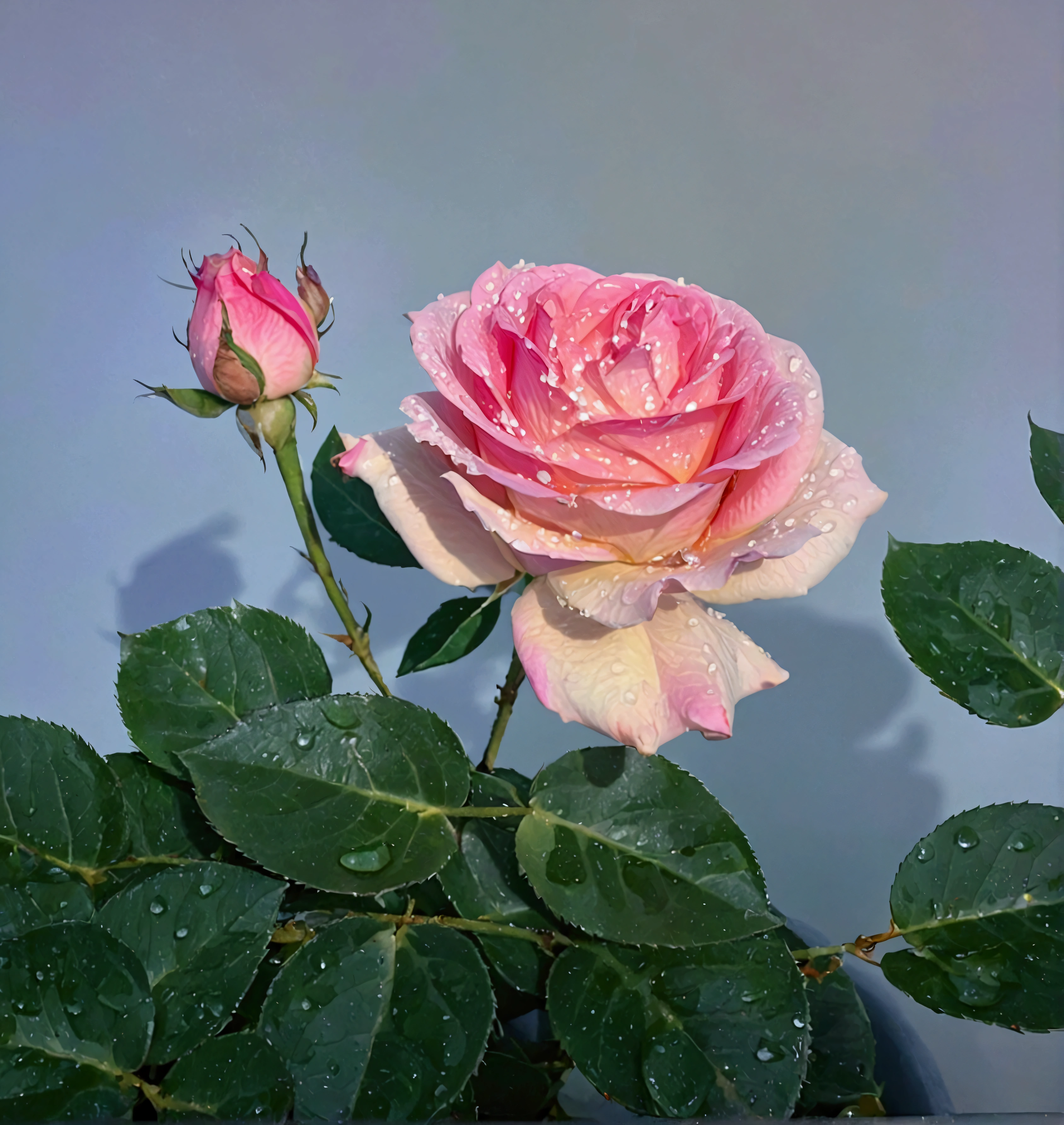 Pink rose buds with many water drops，Background is sunset，Real photography,Fresh and natural picture，best quality, high resolution
