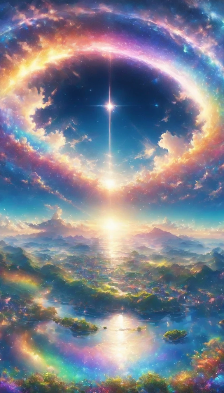 rainbow色の傘、Angel Umbrella, Detailed landscape, sunrise, rainbow, , horizon, In the sky, City of Water、rainbow色の絶景 , rainbow色のCity of Water、Lens flare, colorful, An atmosphere full of dreams and hope,masterpiece.16K, Ultra-high resolution, to be born,wonderful ,future、rainbow色の、The world 30 years from now。
