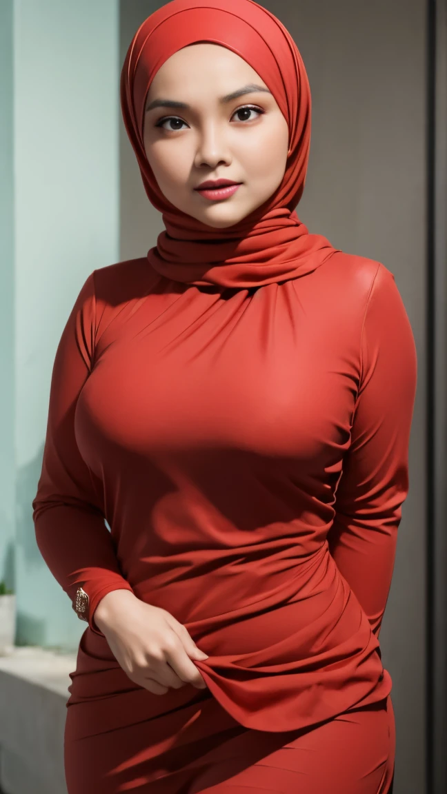 A woman with ((red hijab)), Realistic, Photorealistic, 8K, Masterpiece, Best Quality, High Definition, Live Action, RAW Photo, Single Woman,Sexy, red baju kurung, ((no hair exposed)),