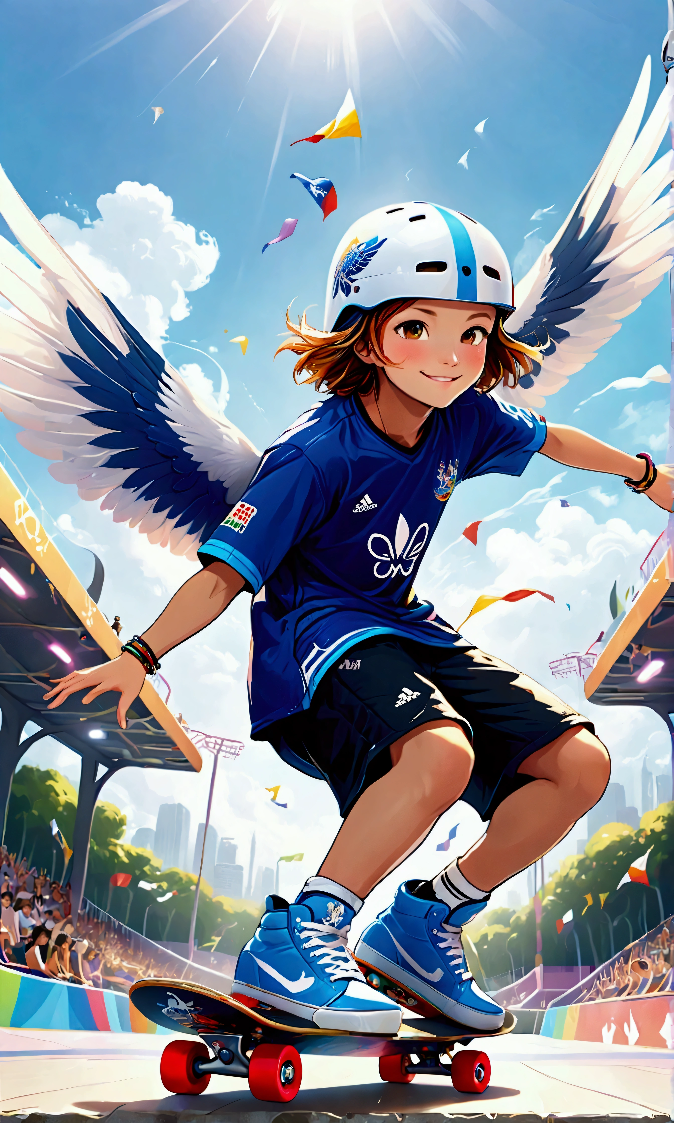 (Summer Olympics Skateboarding Competition: Park: Air),Smiling skateboarder: girl ,An image depicting a skateboarding competition scene at the Summer Olympics. The film focuses on the moment a skateboarder uses the ramp to launch into the air and perform a dynamic air trick at a skate park. The athlete is wearing casual skateboarding clothing and maintains his balance in the air with a concentrated look on his face. In the background you can see the excited atmosphere in the stands and the Olympic logo and flag. The overall atmosphere is energetic and dynamic, and the player's skill and boldness stand out.,dynamic pose,Grows wings like a large bird on the player's back,It's like flying,Uplifting,BREAK,wear a sports helmet,BREAK,white and black sportswear,BREAK,structurally correct skateboard,BREAK,halation,The blue summer sky spreads out,wind effect,Sparkling,beautiful light and shadow,anatomically correct,perfect anatomy,intricate details,(masterpiece:1.3),(highest quality:1.4),(ultra detailed:1.5),High resolution,extremely detailed,unity 8k wallpaper,rich colors,colorful,happiness,fun