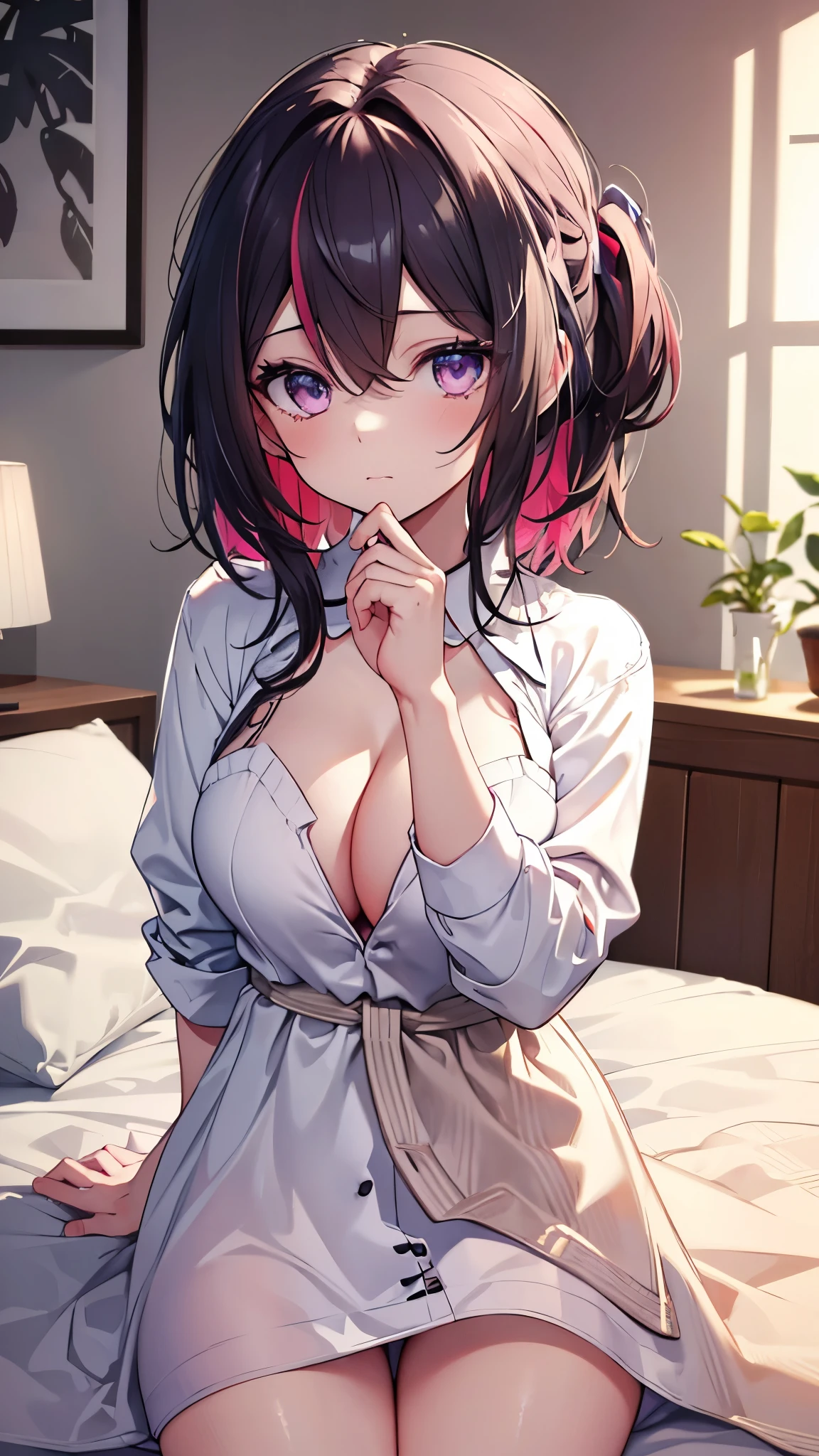 (best quality:1.2), (ultra detailed:1.2),(masterpiece:1.2),(8k:1.2),(Blessed,Captivating body、Ultra detailed hands、Ultra-detailed eyes、Ultra-detailed skin、ultra-detailed face,Detailed Background),One Girl、azki_(hololive) , 1girl, 独奏, multicolored hair, pink hair, purple eyes, black hair, dress, hair between eyes,( white dress shirt, naked shirt,cleavage ,open shirts,large shirts,no panties,bottomless,bedroom)