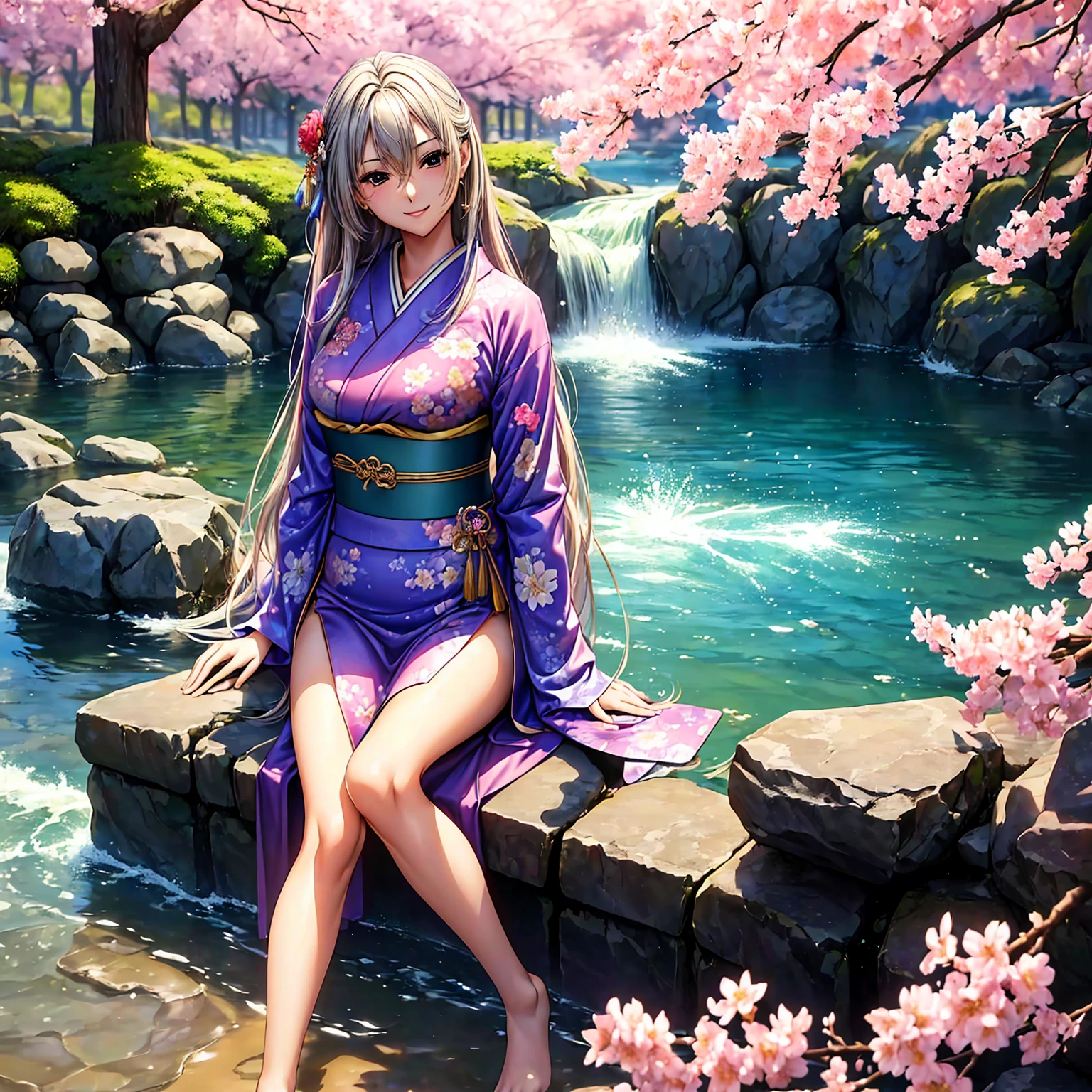 (((Highest quality、masterpiece、Very high resolution、Highly detailed images,2.5th Dimension))),Beauty Painting,(A woman of perfect and ultimate beauty:18-year-old, Beautiful body:Slender and beautiful breasts、Beautiful Face:smile、Beautiful Hair:Colored)、(Best skin and hair texture)、((Beautiful Japanese Kimono:Floral,Holding a folding fan)),、Beautiful waterfront:Cherry blossoms and waterfall,Natural light,Beautiful views,Beautiful colors,(Beautiful posture:1.5)、Model pose、Sculpture Pose、Photo engraving、photo shoot、Overall image、Accurate Images、Accurate anatomy、Perfect Image,Beautiful images,(Best Shot,RAW Photos:1.2)