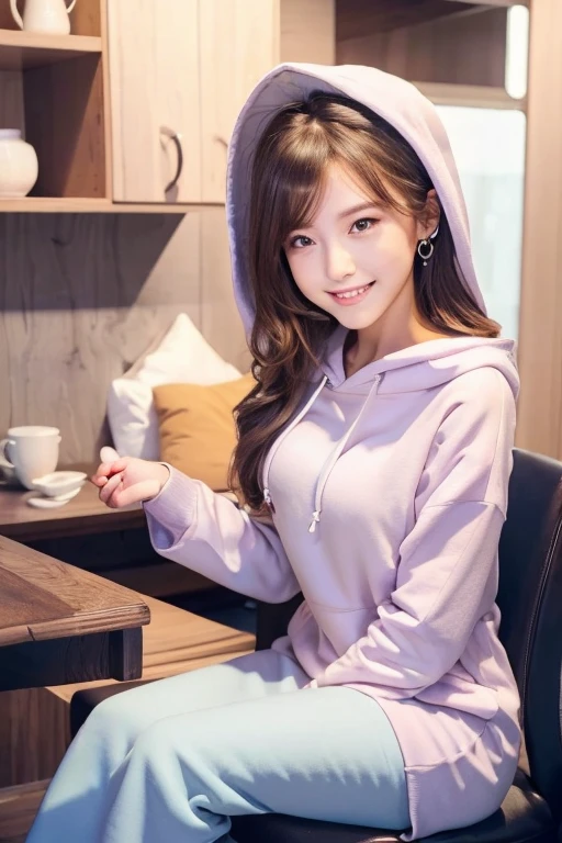 a beautiful detailed girl with semi-long hair, extremely detailed and exquisite facial features, peerless beautiful girl, wearing an oversized two-tone color hoodie dress, down hood, slender figure with small breasts, exposed thighs, sweet shy smile showing teeth, soft and dreamy quality, light white and dark brown color tones, exaggerated facial features, solid color background, surreal style, ultra-high resolution, beautiful, cute and lively expression, 