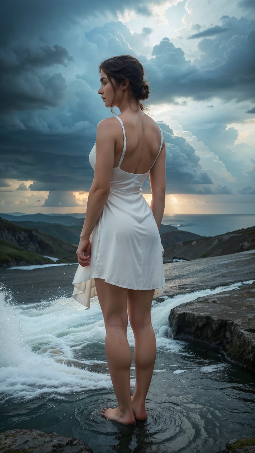 best quality,4k,8k,Ultra high resolution ,masterpiece:1.2),ultra-detailed,(realistic,photorealistic,photo-realistic:1.4), A young man dressed in white is standing on top of a mountain with his arms raised. Big sea below. The sky is covered with dark clouds. Full Body Back View, Back View,Full body back view,back view, Hyper-realistic photography, gentle soft natural lightning, real photo,Cinematic style,realistic environment,low contrast, 32k resolution , highly detailed, realistic dress. Ultrarealistic water, tall hills