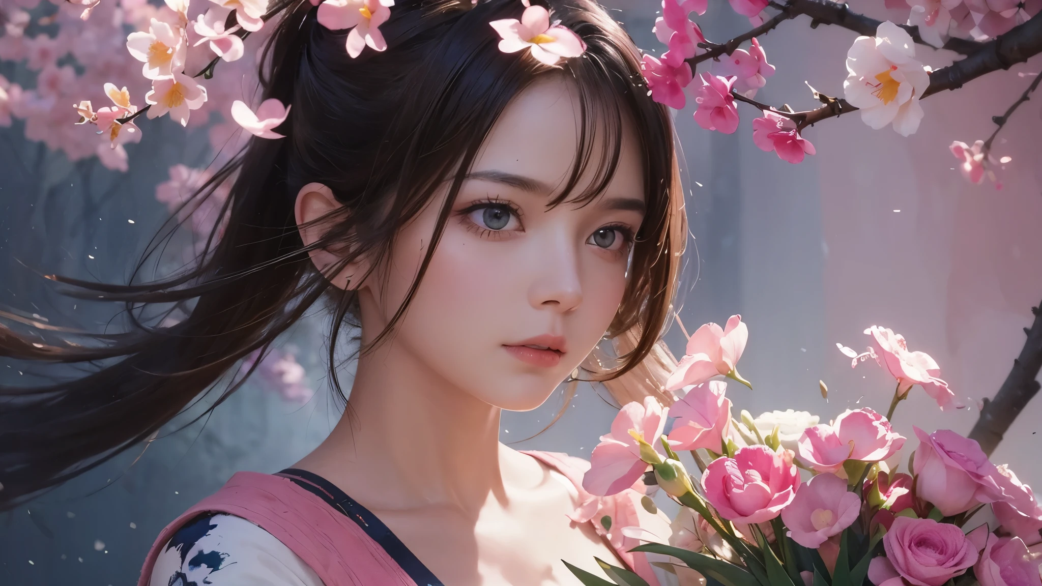32k, Masterpiece, Highest quality, One girl, Brown Hair, Detailed eyes, flower,Freesia, Pink and navy style,A dreamy, romantic piece,Pale yellow, Mysterious Leaves,A playful arrangement,Fantasy,High Contrast,Ink strokes,explosion,Exposure, Impression of pink and navy tones,Abstract,((Watercolours by John Berkey and Jeremy Mann )) Brush strokes,Negative Space, Tyndall effect,