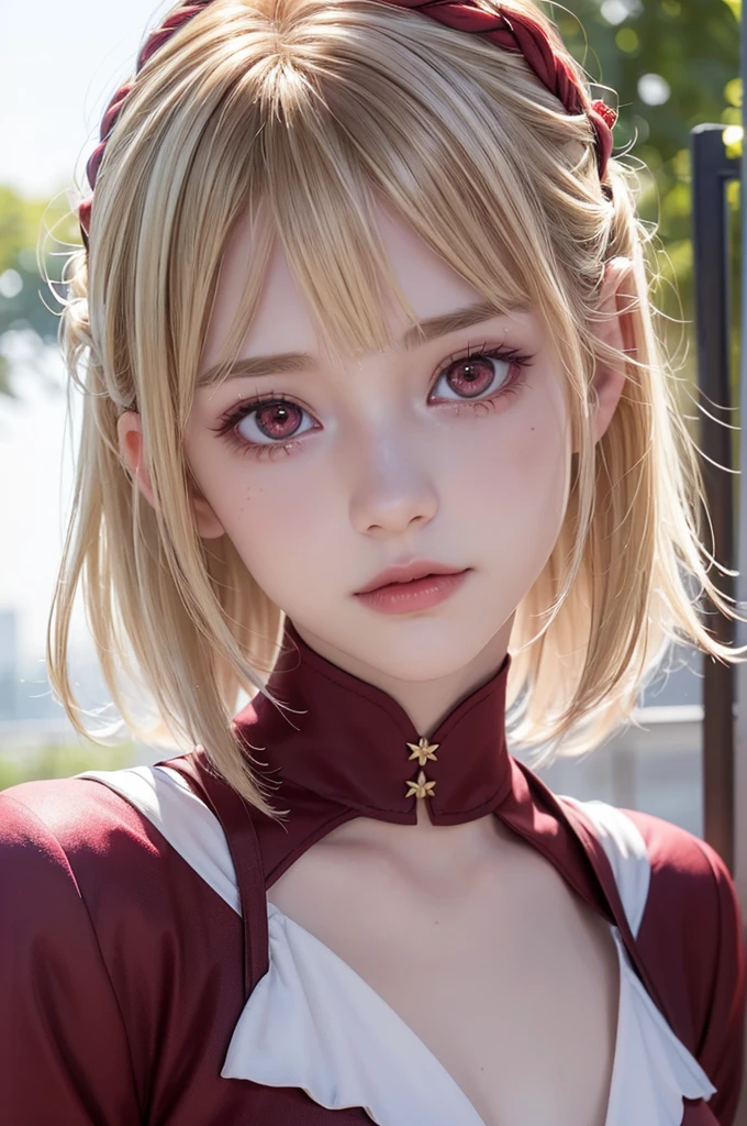 Absurd, (8k, RAW Photos, Highest quality), masterpiece, Super detailed, perfection, Highest quality, Photorealistic, (((One girl:1.2))), (((Blonde girl))), (((alone:1.2))), Fairy, Fairy ears, (((Blonde Shortcut Hair))), (((Burgundy hair tip))), (((Tearful red eyes))), (Oblique red eye, tsurime), Blonde eyebrows, (hair ornaments), (Portraiture:1.34), Face shot, full length:1.5, (((Fashion model posing))), In the schoolyard, Dawn, Great Shadows, close, ((Red and watery eyes)), (((face close))):1.4, hair ornaments, Black combat uniform, nothing on