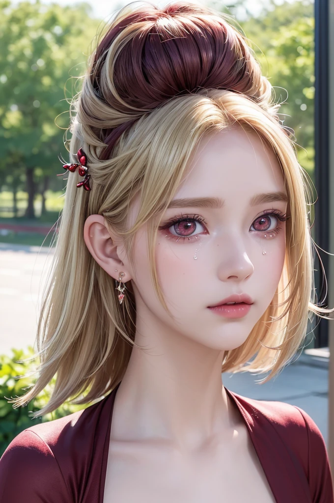 Absurd, (8k, RAW Photos, Highest quality), masterpiece, Super detailed, perfection, Highest quality, Photorealistic, (((One girl:1.2))), (((Blonde girl))), (((alone:1.2))), Fairy, Fairy ears, (((Blonde Shortcut Hair))), (((Burgundy hair tip))), (((Tearful red eyes))), (Oblique red eye, tsurime), Blonde eyebrows, (hair ornaments), (Portraiture:1.34), Face shot, full length:1.5, (((Fashion model posing))), In the schoolyard, Dawn, Great Shadows, close, ((Red and watery eyes)), (((face close))):1.4, hair ornaments, Black combat uniform, nothing on