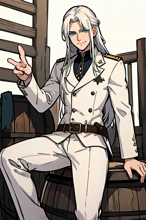 Perfect face. Perfect hands. A young white haired man with blue eyes and long hair in a white sheriff's uniform is sitting on a barrel in a wild west town with a big smile