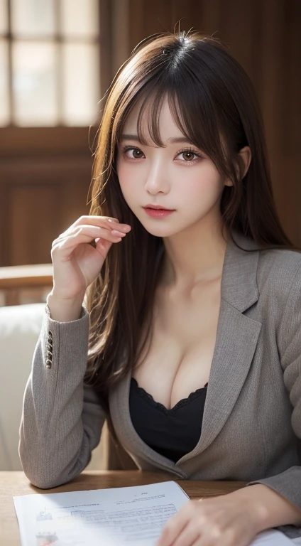 masutepiece, Best Quality, Illustration, Ultra-detailed, finely detail, hight resolution, 8K Wallpaper, Perfect dynamic composition, Beautiful detailed eyes, Natural Lip,blazer ,, cleavage, Full body