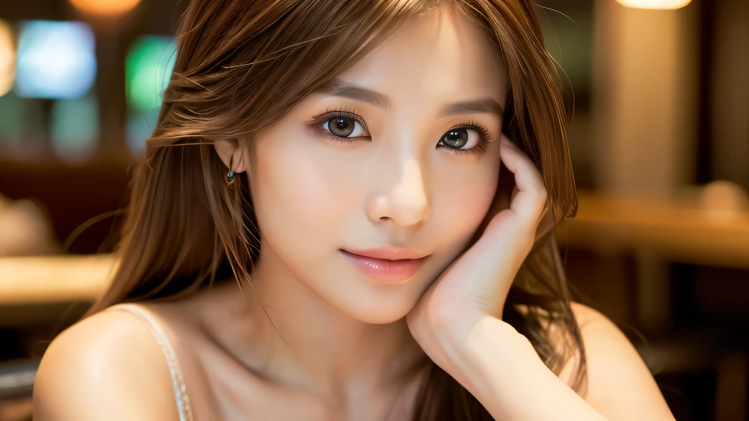 ((Masterpiece,Photo_realistic)), (((8k,Best Quality: 1.5))), ((Super Detail: 1.5)) , Cute Woman,Beautiful woman,Japanese,Age 25,((Inside the restaurant)),Ultra-detailed facial features, (((Hand to lips gesture,))), Detailed Texture, Natural Skin Shade, photograph,(((Full Body))),Ultra-high resolution,Beautiful Japanese women,(((Female best quality))),Realistic eyes,Brown eyes,Realistic Skin,Golden Ratio,((Brown Hair,Long Hair:1.3,1girl)),Glowing, firm and radiant skin