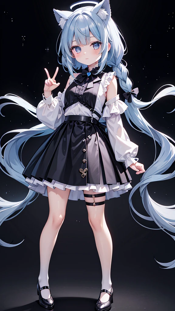 The character is a cute anime-style girl with periwinkle blue hair styled in a loose braid over her shoulder. Her hair has a slight shine and soft waves, giving it a fluffy and gentle appearance. She has big, expressive eyes that sparkle with constellations, adding a magical touch to her look. Her outfit consists of a white short-sleeved blouse with black accents, including a black tie that stands out against the white fabric. The blouse is slightly cropped, revealing a bit of midriff, and she wears a black high-waisted skirt that reaches just above her knees. Her accessories include a few silver bracelets on her wrist and a thin black belt with a small chain detail. She is wearing knee-high socks that match her blouse, paired with stylish black shoes. The overall look is both cute and modern, with a hint of style, making her look both sophisticated and approachable. She strikes a playful pose with a peace sign, adding to her charming and endearing presence.