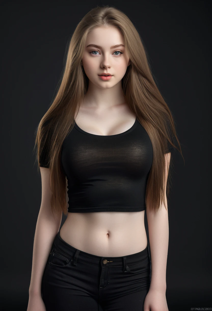 4D realistic image, ultra detailed realistic portrait of a stunning 18 year old woman,perfect skin,pale skin,fair skin,perfect eyes,ultra delicate face, wearing an ultra tight black t-shirt that accentuates her massive breasts, long flowing hair, soft lighting, intricate details on clothing and facial features, full body, longshot