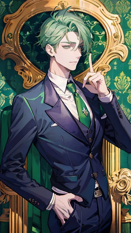 a business man , green hair , purple eyes , green jacket , upper body up , chest up ,  (Beautiful quality with attention to detail), (super detailed), (wallpaper), (detailed face), (High resolution), (In 8K), (very detailed), (Best figure), (Beautiful quality with attention to detail), (super detailed), (wallpaper), (detailed face)