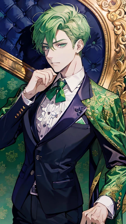 a business man , green hair , purple eyes , green jacket , upper body up , chest up , (Beautiful quality with attention to detail), (super detailed), (wallpaper), (detailed face), (High resolution), (In 8K), (very detailed), (Best figure), (Beautiful quality with attention to detail), (super detailed), (wallpaper), (detailed face)