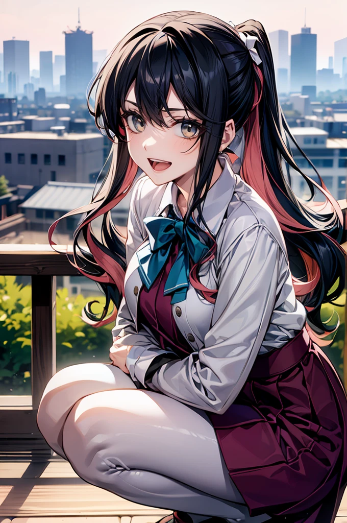 masterpiece, best quality, highres, hmngnm, Naganami \(kancolle\),  beautiful detailed hair, beautiful detailed face, beautiful detailed eyes, beautiful clavicle, beautiful body, beautiful chest, beautiful thigh, beautiful legs, beautiful fingers, looking at viewer, 1 girl, japanese, high school girl, perfect face, (perfect anatomy, anatomically correct), cute and symmetrical face, babyface, , shiny skin, (long hair:1.7, ponytail:1.6, silver hair), hair between eyes, dark red eyes, long eye lasher, (medium breasts), slender, , (beautiful scenery), evening, (park, cityscape in the distance), squatting, , (lovely smile, upper eyes, open mouth),
multicolored hair, white hairband, white jacket, purple dress, , grey pantyhose, aqua bowtie, long sleeves, cowboy shot, Inside the farm