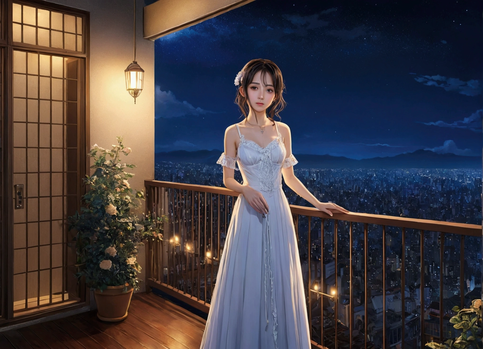Woman with custom anime,night、balcony、music