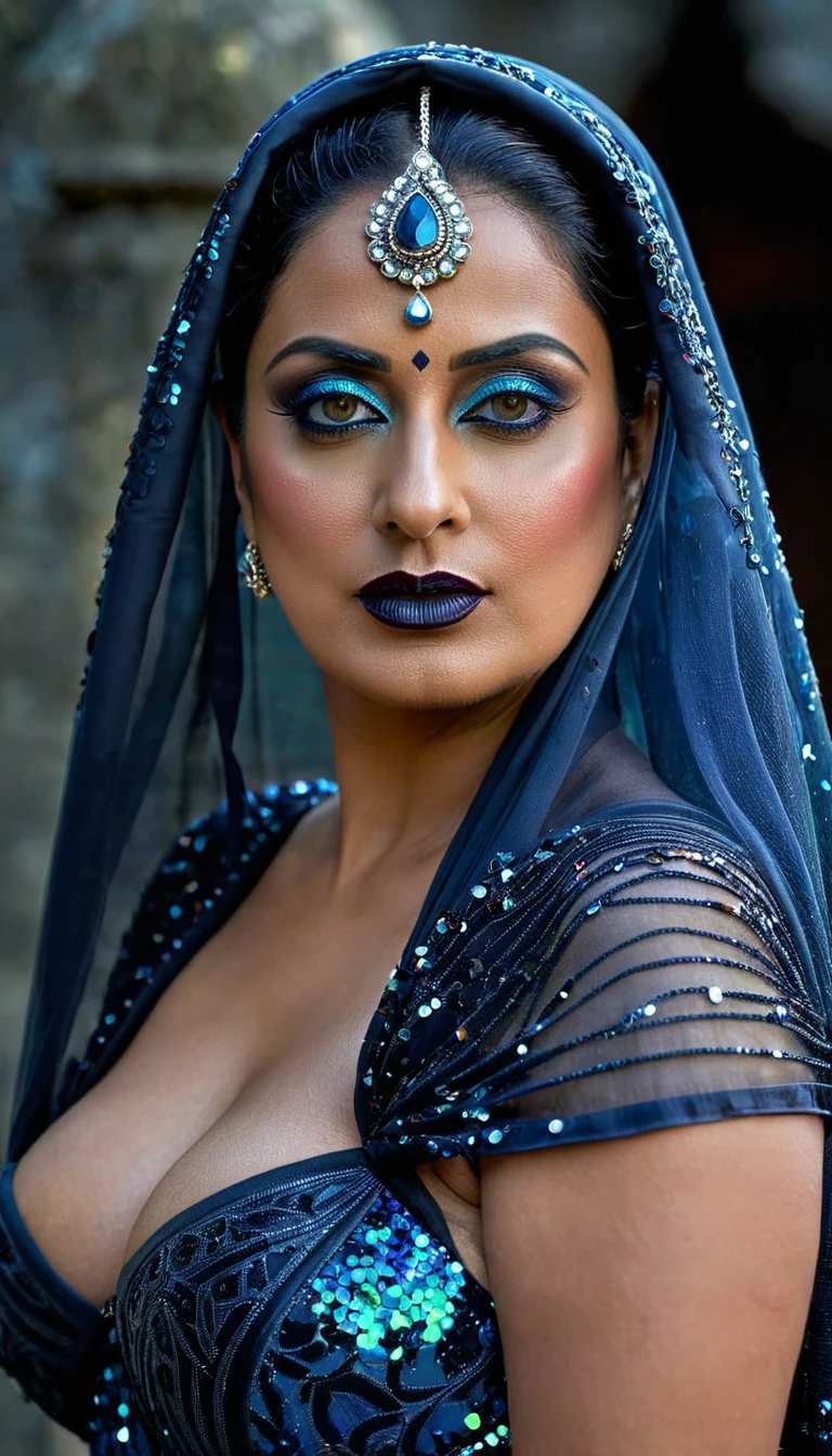 Looks like Kajol, full body Closeup shot, Big chubby aunty, milf, cougar lady witch, horny Gothic milf,  70 years old gorgeous mature lady, pervert demoness, demoness of lust, curvy, black lips, horny face, extremely gorgeous, thick figure, heavy physique, voluptuous, curvy, sexy figure, Fashionable portrait of androgynous alien looking witch wearing veil, glowing eyes, futuristic design, minimal details, givenchy, photoreal, 200mm, hd, f/ 2.0, highly detailed, surreal, sexy beautiful evil woman, sexy bold sequin Saree with strapless Bra, chudail, Pishachini, horror genre, blood-thirsty enchantress, powerful female spirit, eerie, drop dead, in the style of red and blue, (intricate details, hyperdetailed:1.15) (skin texture:1.2), dark Moody tone, cinematic lighting, haunted place in background, 