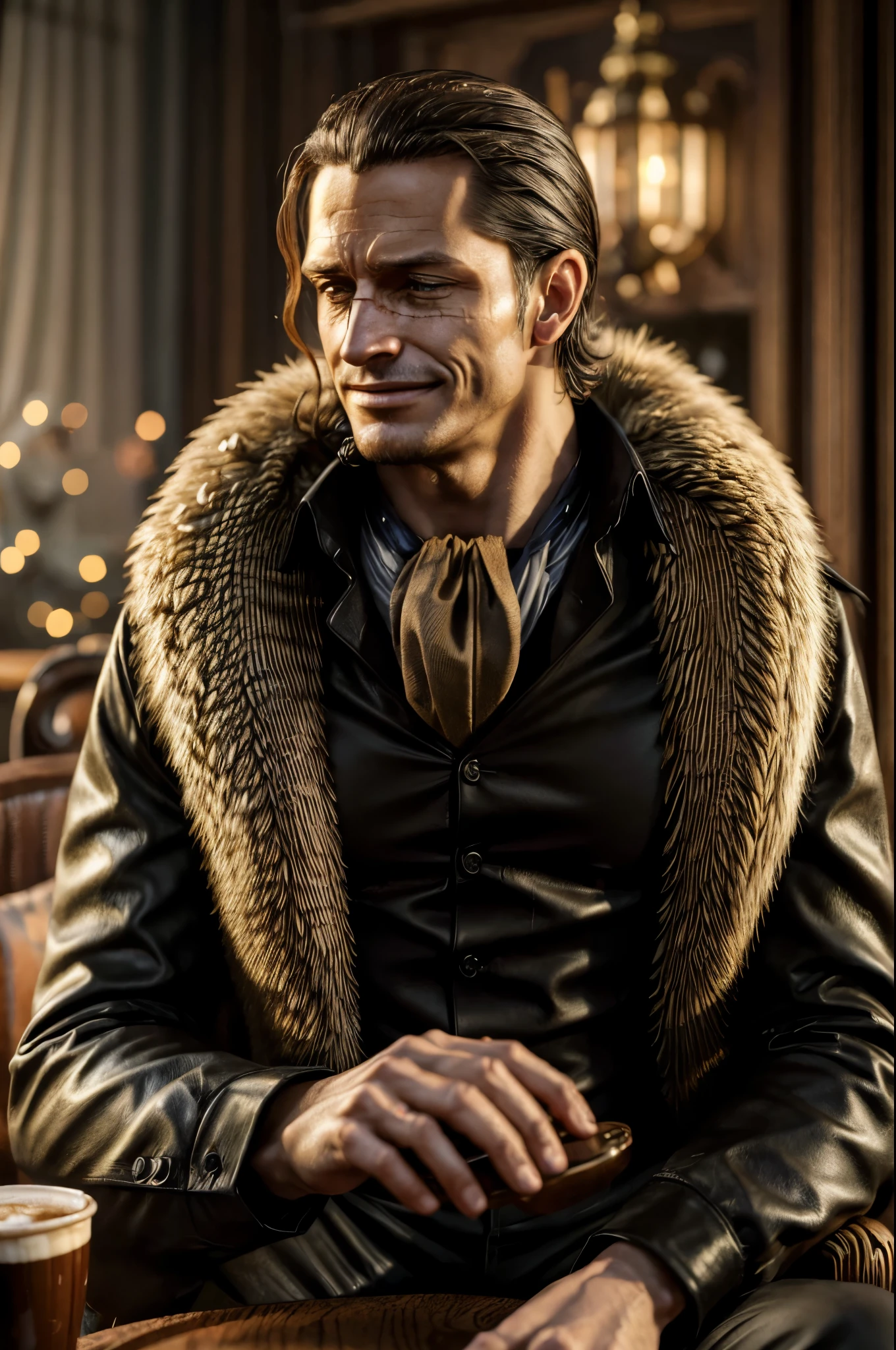 masterpiece, best quality, extremely detailed, hyperrealistic, photorealistic, a cool 40s man, ultra detailed face:1.2, fur-trimmed coat, scarf around the neck, his left hand is a golden pirate hook:1.1, cigar, wide shot, in luxurious cafe, sitting at table with a coffee cup:1.2, perfect hands, perfect fingers, sly smile, dynamic angle